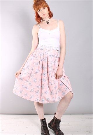 VINTAGE 80S FLORAL POLKA DOT PLEAT FRONT MIDI SKIRT