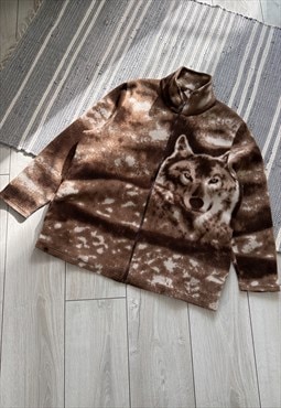 Vintage Wolf Printed Full Zip Fleece Jacket