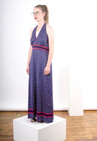 ON SALE NAUTICAL NAVY HALTER DRESS / 70S SUN DRESS /