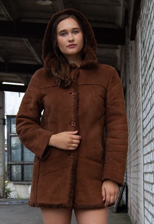 VINTAGE RETRO BROWN FAUX FUR WINTER SHEARLING JACKET COAT