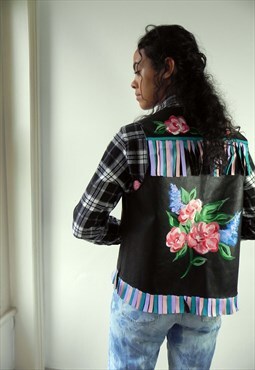 REWORKED Leather Cowgirl Vest with Hand Painted Florals