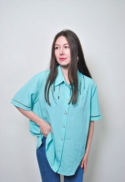 Retro green embroidery blouse, vintage secretary blouse
