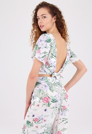 WHITE FLORAL PRINT TIE BACK SHORT SLEEVE TOP
