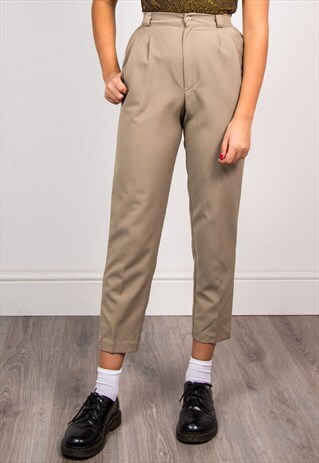 VINTAGE 90'S BEIGE TAPERED HIGH WAIST SMART TROUSERS