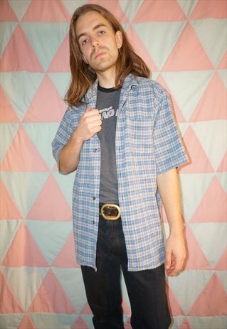 VINTAGE 90S GRUNGE BLUE / WHITE CHECK / PLAID COTTON SHIRT