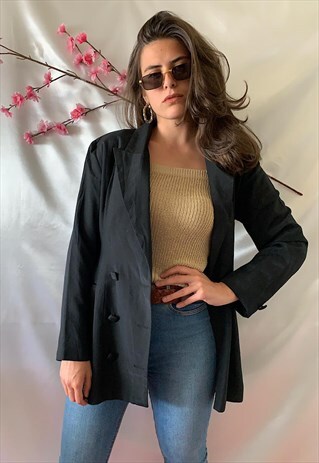 VINTAGE 90S BLACK SATIN DOUBLE BREASTED JACKET WITH PLISSE