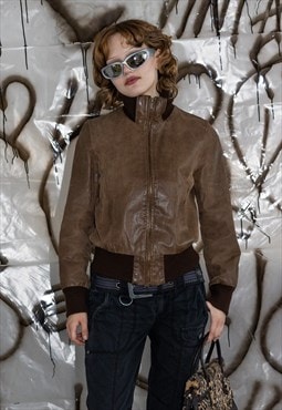 Y2K Vintage cool stiff leather bomber jacket in camel brown