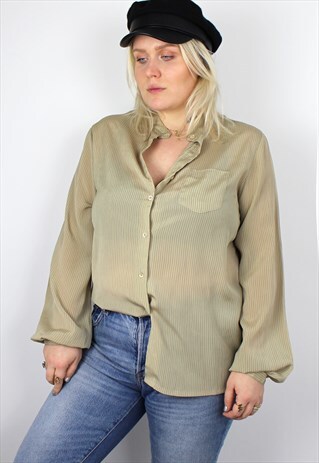 VINTAGE 1980'S OLIVE GREEN STRIPE BLOUSE 12 14