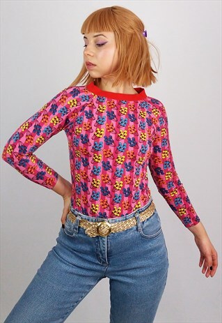 VINTAGE HANDMADE STRETCH COTTON 3/4 SLEEVES FLOWERS TOP