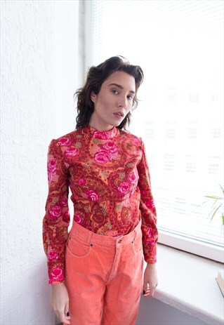 VINTAGE 70S RED/ORANGE FLOWER PRINT LONG SLEEVED TOP