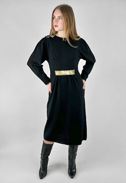 Pat Sandler For Wellmore 80's Black Long Sleeve Midi Dress