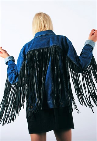 DNM BY ABSENCE OF COLOUR LEATHER FRINGE DENIM JACKET