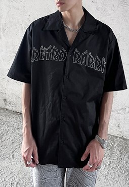 Black Embroidered Band Oversized Shorts sleeve shirt Y2k