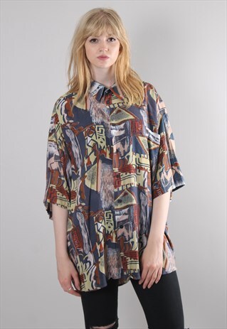 VINTAGE 80S CRAZY PATTERNED OVERSIZE SHORT SLEEVED SHIRT TOP