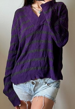 Vintage y2k Ralph Lauren Purple & Grey Stripe V Neck Jumper