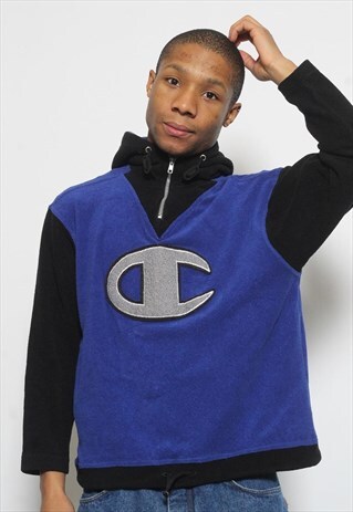 VINTAGE CHAMPION BIG LOGO FLEECE HOODIE BLUE