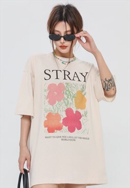 Floral print t-shirt love tee grunge flower top in cream 