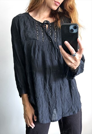 Boho Black Embroidered Tunic Top XL