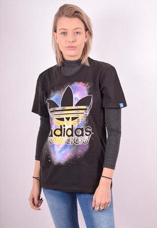 ADIDAS WOMENS VINTAGE T-SHIRT TOP MEDIUM BLACK 90S