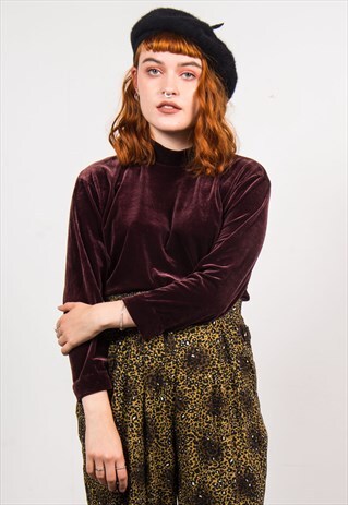 VINTAGE 90'S MAROON BROWN HIGH NECK VELVET TOP