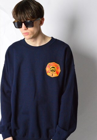 VINTAGE 90S NAVY BLUE FIRE DEPARTMENT SWEATSHIRT