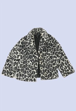 Grey Jacket Womens Medium Leopard Print Faux Fur 