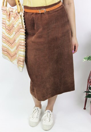 VINTAGE 1980S BROWN CORDUROY MIDI SKIRT