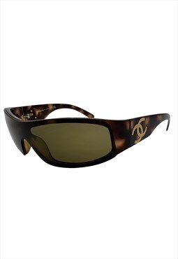 Chanel Sunglasses Shield Wrap Brown Tortoiseshell Gold Y2K