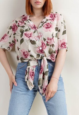 VINTAGE 90S GRUNGE SHORT SLEEVE FLORAL ROSE BUTTON UP BLOUSE