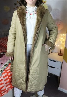 Vintage 70s Tan Beige Faux Fur Reversible Trench Coat Jacket