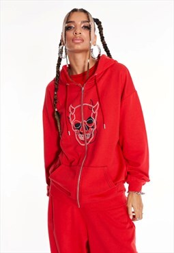 Oversized Zip Up Hoodie With Graphic In Red