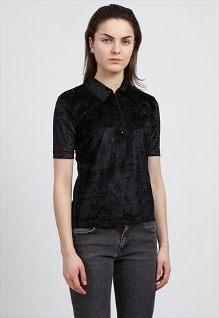 VINTAGE BLACK SIBEL SHORT SLEEVE 1/4 ZIP VELVET TOP