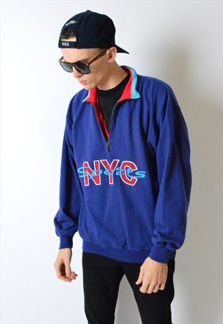 VINTAGE 90S NAVY BLUE NYC 1/4 ZIPPER SWEATSHIRT JUMPER
