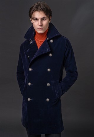 MENS NAVY VELVET MILITARY RETRO PEA COAT