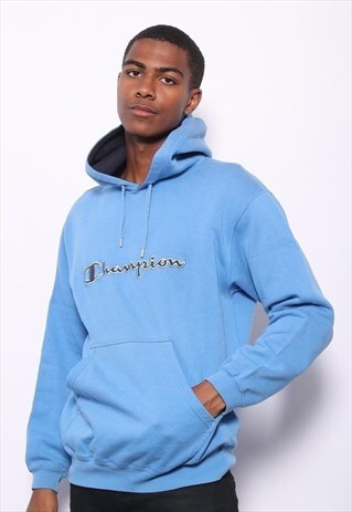 VINTAGE CHAMPION BIG SPELL OUT LOGO HOODIE BLUE