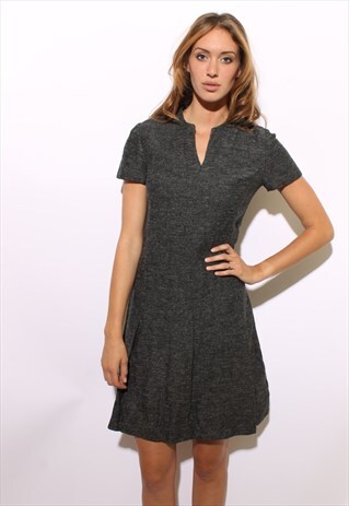 VINTAGE 1950'S 50'S CHARCOAL GREY WOOL DRESS AUTUMN FALL M-L