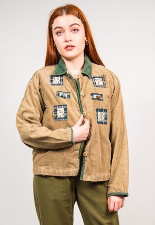 VINTAGE 90'S BROWN CORD NATURE PATCH JACKET