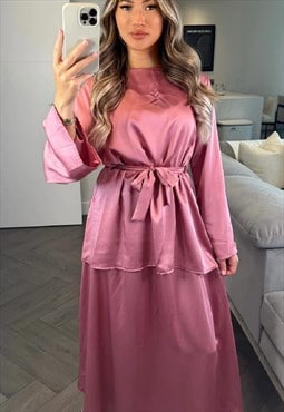 Satin Top And Maxi Skirt Co Ord (Rose Pink)
