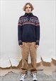 VINTAGE 90S NORDIC BLUE HALF BUTTON HIGH NECK KNIT JUMPER