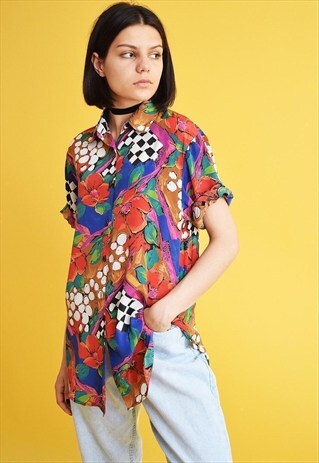 90'S RETRO MOD ABSTRACT FLORAL PATTERN OVERSIZED SHIRT