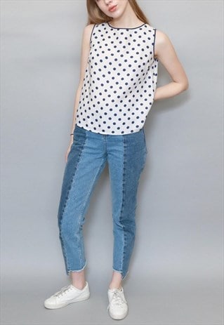 VINTAGE 1960'S WHITE AND BLUE POLKA DOT TOP