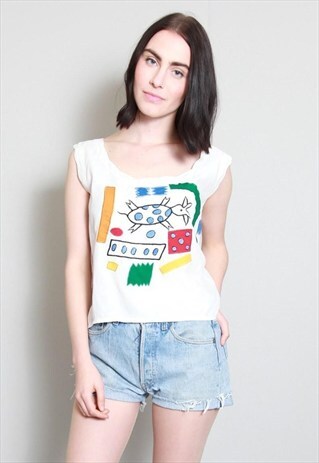 VINTAGE 1970'S WHITE PATTERNED LOOSE CROP VEST