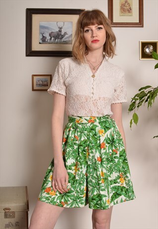 VINTAGE 80S TROPICAL HAWAIIAN PRINT CULOTTES SHORTS IN GREEN