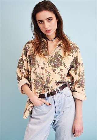 90'S RETRO BURGUNDY OVERSIZED FLORAL PRINT CORDUROY SHIRT