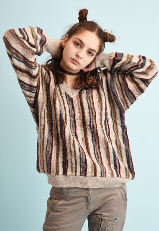 90'S RETRO STRIPED PATTERN JAZZY OVERSIZED KNIT JUMPER