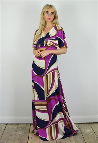 VINTAGE PURPLE, NAVY & WHITE EVENING MAXI DRESS