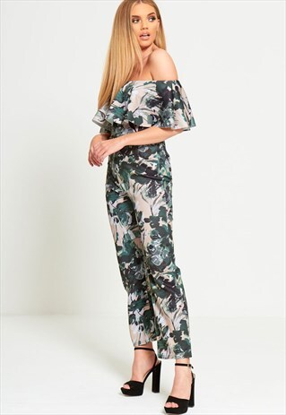 GREEN OFF THE SHOULDER FLORAL JUMPSUIT