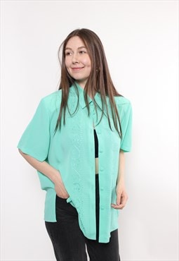 80s embroidered green blouse, vintage shoulder pads summer 