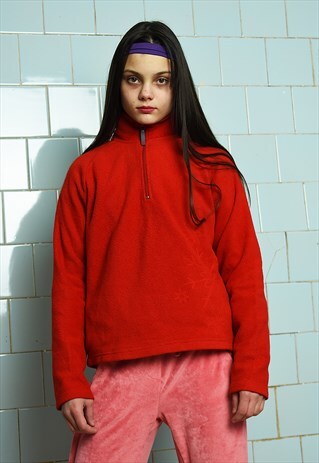 VINTAGE 90S 1/4 ZIP THIN FLEECE RED SWEATSHIRT JUMPER VTG