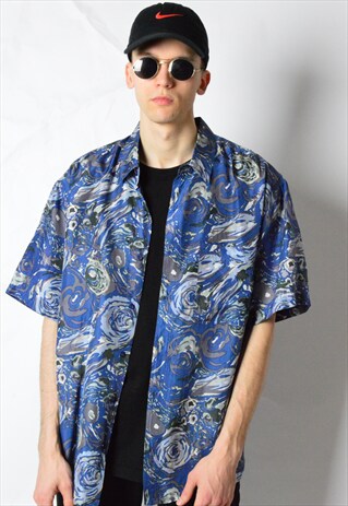 VINTAGE 80S BLUE ABSTRACT SILK SHORT SLEEVE SHIRT